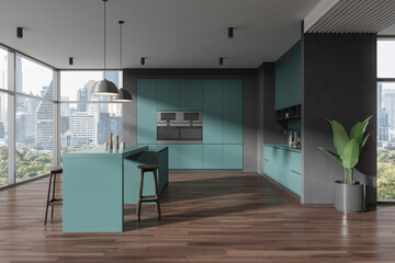 Modern home kitchen interior with bar counter and stool, shelves and window