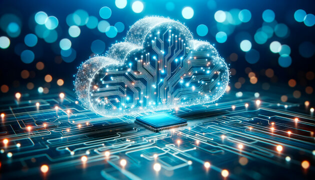 Cloud computing concept with circuit board and cpu on blue background. Generative AI