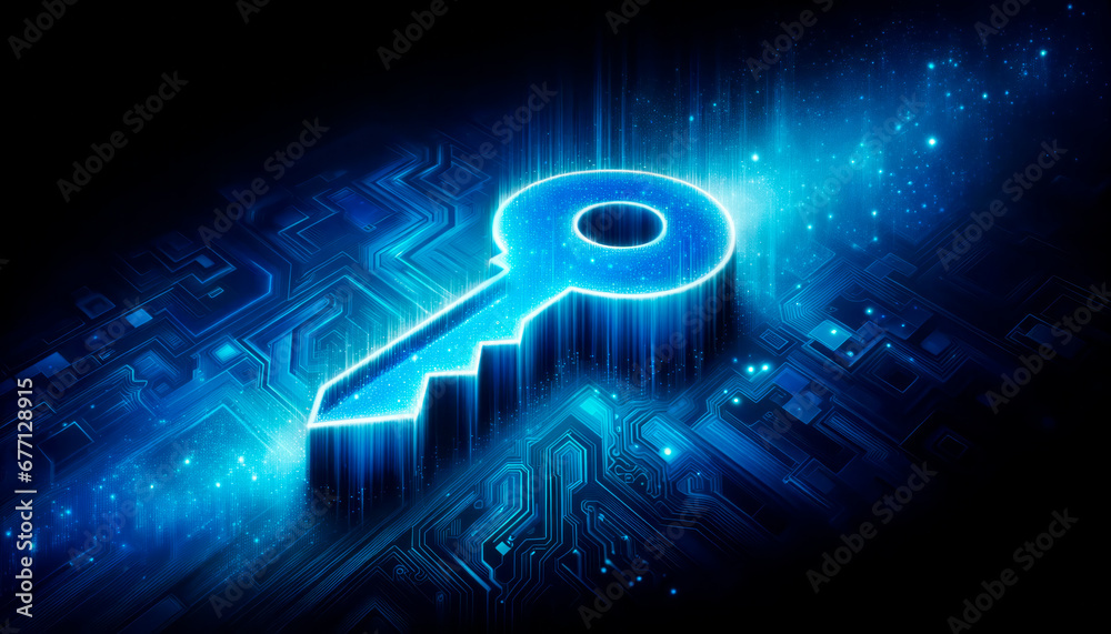 Poster Key icon on digital circuit board background. Digital security and data protection concept. Generative AI
