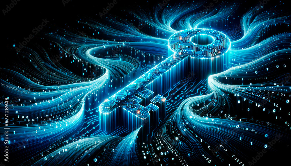 Poster Abstract cyber security concept with key and binary code. Generative AI