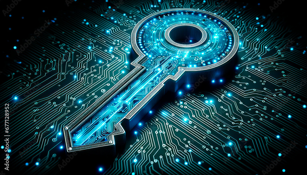 Aufkleber Key on a circuit board background. Digital security and data protection concept. Generative AI