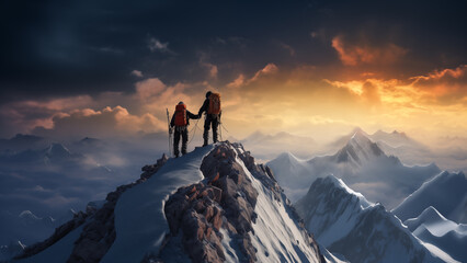 Fototapeta premium Two passionate people who climbed to the top of a snow-covered mountain in the cold winter, relying on each other.