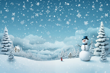 Obraz premium Winter forest with cute snowman, pine tree and snow flakes. Christmas, new year, winter background