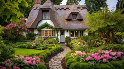 Fototapeta na wymiar A cottage-style home with a thatched roof, climbing vines, and flower-filled window boxes for a storybook charm and cozy curb appeal. 
