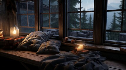 A cozy corner with a window seat, fluffy cushions, and a view of a rainy day outside for a perfect reading spot.