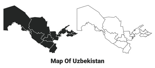 Vector Black map of Uzbekistan country with borders of regions