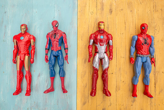 Four figures from the Marvel comics of Spiderman and Iron Man, two of each