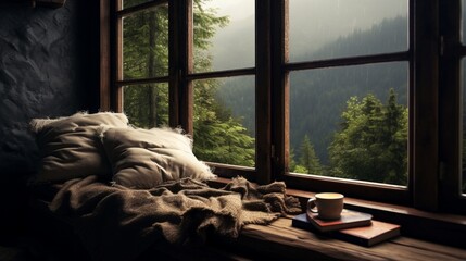 A cozy corner with a window seat, fluffy cushions, and a view of a rainy day outside for a perfect reading spot.