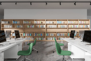 White open space office interior with bookcases