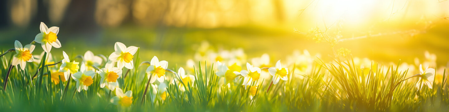 banner daffodil in white and yellwo on a spring meadow with warm light