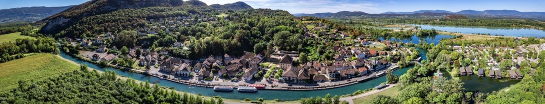 Aerial view of Chanaz, Canal de Savieres in Savoie, France