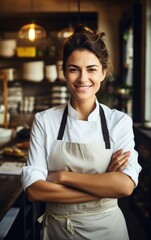 Mujer chef sonriente al frente de su restaurante. Emprendedora. Dia internacional de la mujer. 