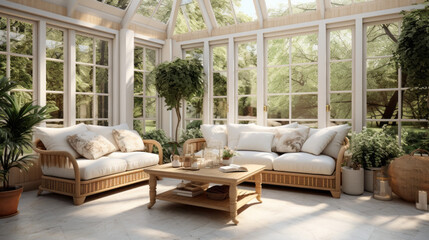 a sunroom with a white tile floor and a wicker sofa and a skylight - obrazy, fototapety, plakaty