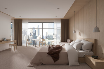 White and wooden bedroom interior with workplace