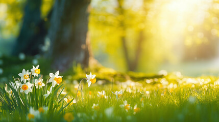 daffodil in white and yellwo on a spring meadow with warm light - obrazy, fototapety, plakaty