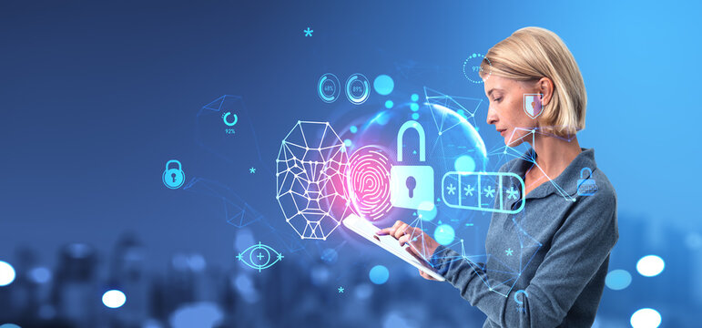 Businesswoman working with tablet, biometric scanning and digital security