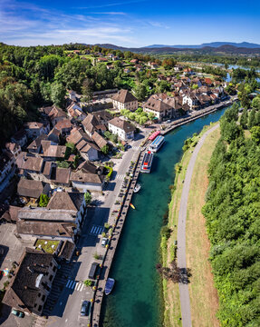Aerial view of Chanaz, Canal de Savieres in Savoie, France