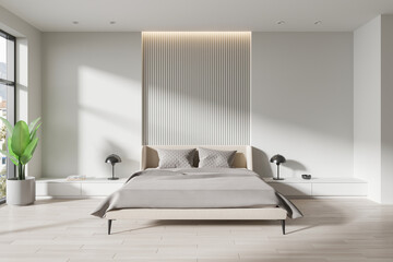 Cozy stylish bedroom interior with bed and sideboard, panoramic window