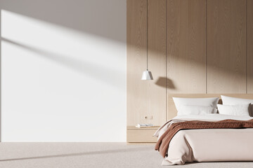 White and wooden bedroom interior with blank wall - obrazy, fototapety, plakaty