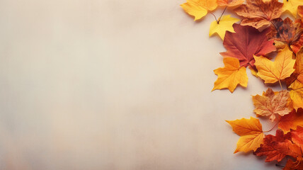 Background autumn leaves in the corner with wide copy space for text