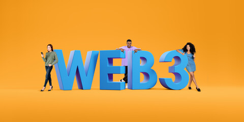 Young people with web 3 big letters, next generation of internet concept