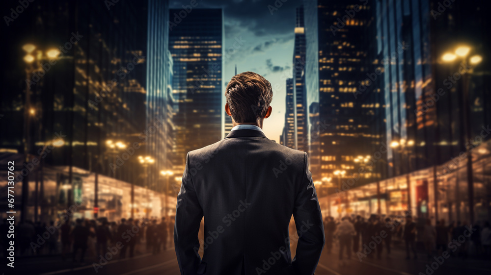 Wall mural businessman standing and looking at the big city in the morning