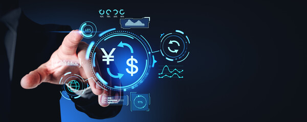Man finger touching yen and dollar conversion hologram, financial graph
