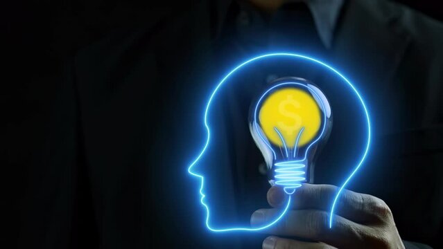 A human is holding a vector illustration lightbulb on his finger. That lightbulb is put on human head linear and have a dollar sign in it. Business and finance planning concept.