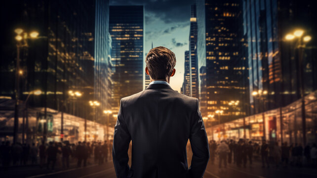 Businessman standing and looking at the big city in the morning
