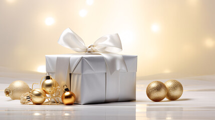 Obraz na płótnie Canvas Beautifully wrapped christmas gift in all white with a golden back