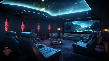 Naklejka premium A futuristic home theater with LED-accented walls, reclining leather chairs, and a 3D projection system for an immersive movie night. 