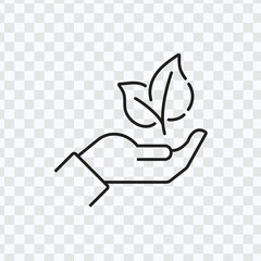 Eco-friendly icon with plant leaves in hand. Ecology and save environment symbol. Green and sustainable vector illustration.