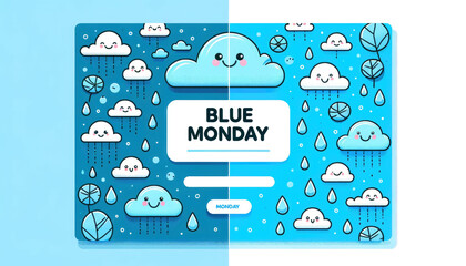 Cute animated clouds expressing various emotions on vibrant blue background, Blue Monday, most depressing day, background with copy space