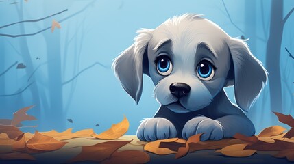 Cute puppy with blue eyes sitting amidst autumn leaves, Blue Monday, most depressing day, background with copy space
