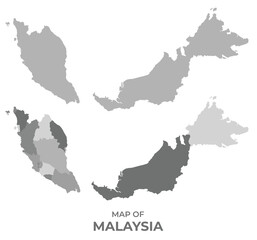 Greyscale vector map of Malaysia with regions and simple flat illustration