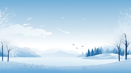 Peaceful lakeside view in winter, with silhouette trees, birds in the sky, and distant mountains - obrazy, fototapety, plakaty