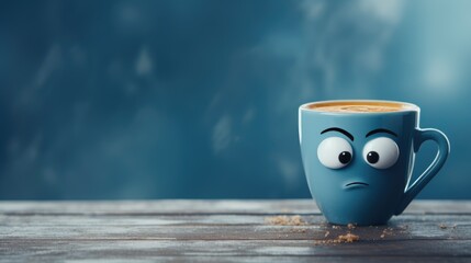 Mug with animated eyes showcasing surprised expression against cloudy backdrop, Blue Monday, most depressing day, background with copy space
