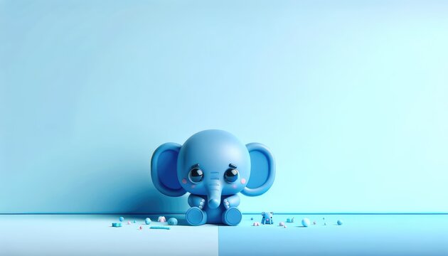 Adorable blue elephant with toys, conveying sense of innocence and curiosity, Blue Monday, most depressing day, background with copy space
