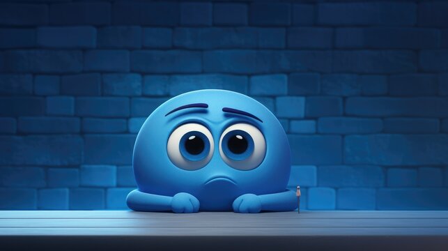 Gloomy-faced cartoon character against brick wall background, Blue Monday, most depressing day, with copy space