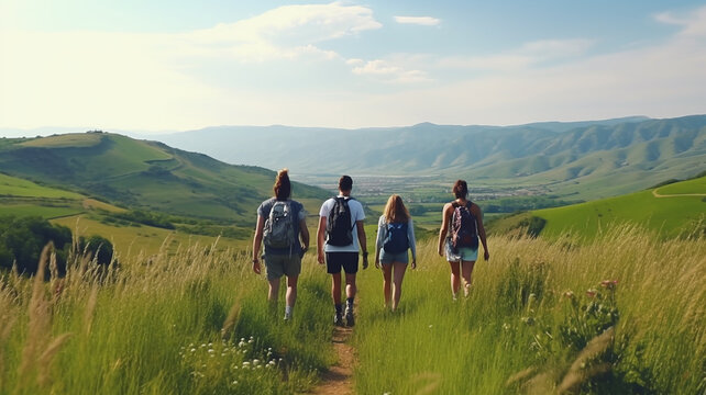 young people hiking together in the mountains in the vacation trip.