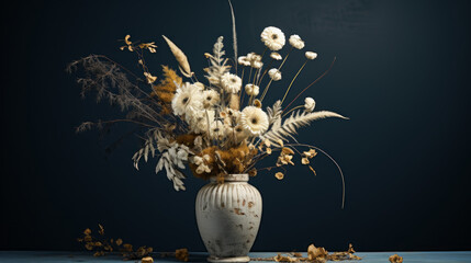 a tall vase with a bouquet of dried flowers