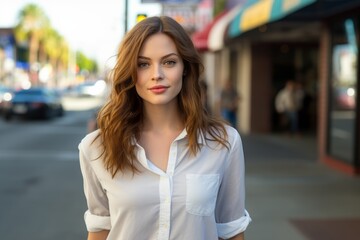 Mujer atractiva emprendedora por las calles de la ciudad. Espacio para texto. 