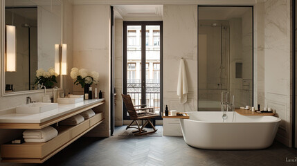 Modern Haussmannian Bathroom: Interior Design with Modern Details in Grey and Beige Palette