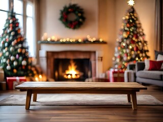 Christmas background with decorated living room and wooden table in the front. Cozy ambience