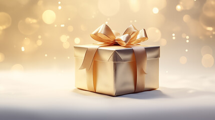 Obraz na płótnie Canvas Beautifully wrapped christmas gift in golden color with bokeh background