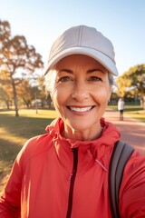Mujer senior haciéndose un selfie tras hacer deporte en un parque. Estilo de vida saludable. 