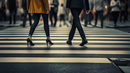 People legs crossing the pedestrian crossing - obrazy, fototapety, plakaty