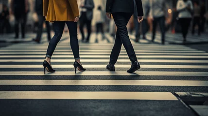 Deurstickers People legs crossing the pedestrian crossing © Yuwarin
