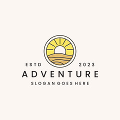 mountain landscape with rocks at sunrise, Sea and Sun for Hipster Adventure Traveling logo