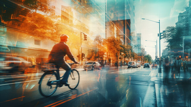 People cycling in city in the morning with motion blur image, eco friendly transport.